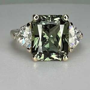 Radiant cut olive green sapphire engagement ring 14K solid gold, Three stone wedding ring, Art Deco sapphire ring, Unique Olive green, #7812