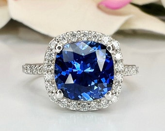 Cushion Cut Blue Sapphire Engagement Ring, Halo Sapphire Ring With Round Diamond Accents, Moissanite Ring, 14K White Gold # 5891 #6799