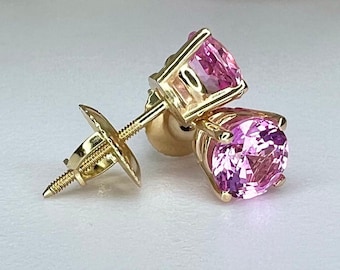 Pink Sapphire Earrings, Round Brilliant Stud Earrings,  1.00ctw. Earrings, Birthstone Earrings, 14K White Gold,  #6435