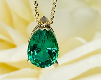 Collar con solitario de esmeralda en forma de pera para mujer, oro macizo de 14 quilates, piedra de nacimiento de mayo, regalo para ella, collar de esmeralda para mujer n.° 6999