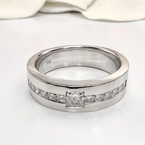 Mens Diamond Wedding Band Unique 14K solid Gold , Princess Cut Lab Diamond Mens Band , Wide Mens Wedding Band Gold , Gift For Men ,  #8650