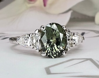 Oval Green Sapphire Engagement Ring 14K Solid Gold, Unique Vintage Oval Cluster Ring For Women, Olive Green Sapphire Engagement Rings #7207