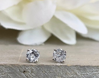 Round Diamond Stud Earrings 14k White Gold Unisex Diamond Stud Earrings 4 MM  Natural Diamond Stud Earrings Minimalist Dainty Earrings #5862