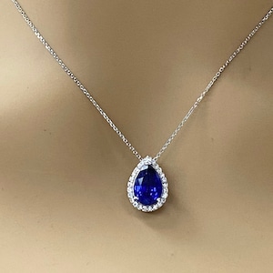 Blue Sapphire and Moissanite Halo Pendant Necklace, Diamond Halo Pear Shape Blue Sapphire Necklace Blue Sapphire Pendant Gold Necklace #7276