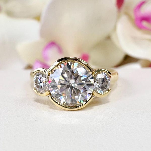 Round Lab Grown Diamond Bezel Engagement Ring , 14K Solid Gold Bezel Set Three Stone Lab Diamond Ring , IGI Certified  #8792