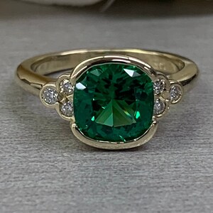 Cushion Cut Emerald Ring, Moissanite And Emerald Ring, May Birthstone Ring, Bezel Set Ring, 14K Yellow Gold Unique Green Emerald Ring, #6902