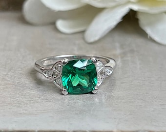 Cushion Cut Emerald Engagement Ring 14K Yellow Gold Green Emerald  Celtic Engagement Rings Moissanite Celtic Gold Wedding Promise Ring #7297