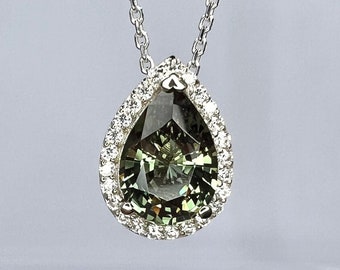 Olive green sapphire teardrop pendant necklace, Birthstone Necklace 14K solid gold, Unique pear shaped pendant necklace for women, #8003
