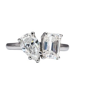 1.95 Ctw Toi et Moi Ring Emerald Cut and Pear Shaped Moissanite , Moissanite Engagement Ring Toi Et Moi Double Stone Ring Gift For Her  8338