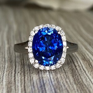 Oval Blue Sapphire Engagement Ring, Diamond Halo Ring, Sapphire and ...