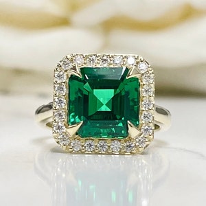 Asscher Cut Emerald and Moissanite Halo Engagement Ring 14K Yellow Gold Unique Vintage Emerald Engagement Ring Asscher Cut Emerald Ring 7248