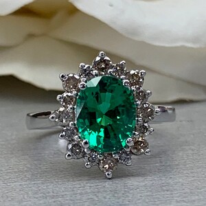 Emerald Halo Ring 14k White Gold, Vintage Emerald Engagement Ring, Oval Halo Ring With Emerald, May Birthstone Ring, Emerald Jewelry  #6719