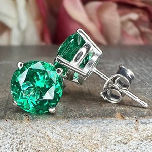 Round brilliant emerald earrings, 2.40ctw. stud earrings with screw backs 14k white gold  #6878