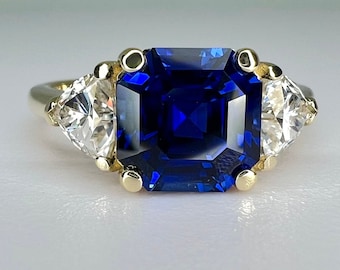 Asscher Cut Blue Sapphire Engagement Ring, Engagement Ring With Trillion Accents,  Moissanite Ring, 14K White Gold Blue Sapphire Ring, #6815