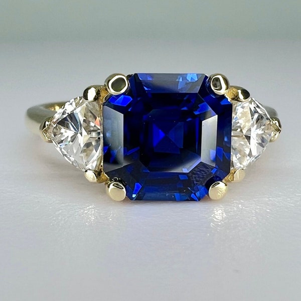 Asscher Cut Blue Sapphire Engagement Ring, Engagement Ring With Trillion Accents,  Moissanite Ring, 14K White Gold Blue Sapphire Ring, #6815
