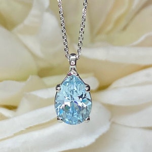 Aquamarine Pendant Necklace 14K Solid White Gold For Ladies Pear Shaped Aquamarine Necklace Pendant, March Birthstone Teardrop Necklace 7134