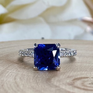 Blue sapphire and diamond ring 14k solid gold, Blue sapphire engagement ring with natural diamond accents, sapphire solitaire wedding, #6009