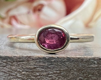 Oval Natural Ruby Ring For Women 14k Solid Yellow Gold, Bezel Set Ruby Ring Minimalist, Thin Ruby Stacking Ring July Birthstone Ring, #5841