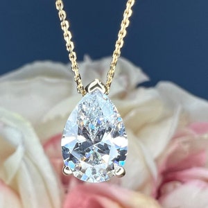 Moissanite Necklace Pear Pendant For Ladies, Pear Shape Solitaire Pendant 14K Gold Necklace, Teardrop Shape April Birthstone Pendant, #4624