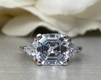 4ctw Asscher Cut Moissanite Engagement Rings 14k White Gold, Three Stone Engagement Ring, Moissanite Engagement Ring For Ladies #6347