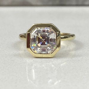 Moissanite Asscher Cut Solitaire Engagement Ring, Asscher Moissanite Bezel Set Wedding Ring, 14k Yellow Gold Solitaire Moissanite Ring #5429