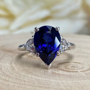 Blue Sapphire Pear Shape Engagement Ring, Blue Sapphire And Moissanite Pear Shape Three Stone Wedding Ring, Sapphire Birthstone Ring  #6811