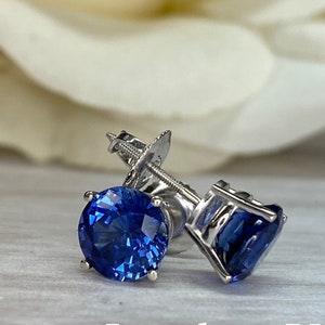 Round Blue Sapphire Stud Earrings 2.50ctw. In 14k White Gold #5564