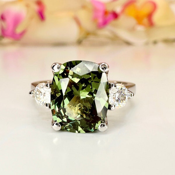 Cushion Cut Olive Green Sapphire Engagement Rings For Women 14K Solid White Gold, Unique Forest Green Sapphire Engagement Rings Gold,  #7199