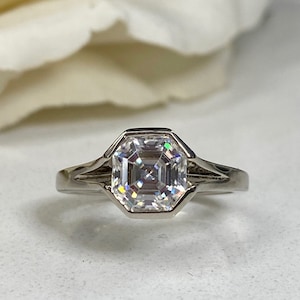 Moissanite Engagement Ring 14k Solid Gold Ring For Women, #7169 Bezel Set Unique Moissanite Asscher Engagement Rings, Asscher Cut Moissanite
