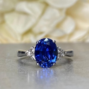 Oval Blue Sapphire And Diamond Ring 14K White Gold , Oval Cluster Sapphire Ring For Ladies , Unique Oval Blue Sapphire Engagement Ring #5606