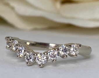 Curved Diamond Wedding Band, Universal Matching Moissanite Band For Ladies, Ladies 14k White Gold Delicate Diamond Curved Wedding Ring #6487