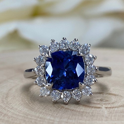 Emerald Cut Blue Sapphire Halo Engagement Ring Halo Sapphire - Etsy