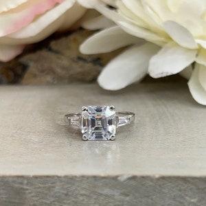 Asscher Cut Engagement Ring, 3.70 ctw. Ladies Ring, Moissanite Asscher With Baguettes Wedding Ring, 14k White Gold #4688