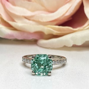 Green Paraiba Tourmaline Engagement Rings 14k Solid White Gold,  Unique Round Cut Solitaire Engagement Ring For Women, Green Stone Ring 7220