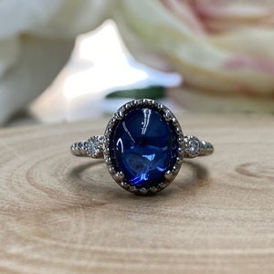 Vintage Oval Cabochon Blue Sapphire Engagement Ring 14K White Gold Unique Vintage Blue Cabochon Wedding Anniversary Promise Bridal Ring 6343