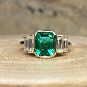 Green Emerald And Moissanite Engagement Ring 14k White Gold,  Five Stone Emerald Rings, Bezel Set Emerald Anniversary Promise Rings  #7283