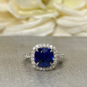 Cushion Cut Blue Sapphire Engagement Ring, Halo Sapphire Ring With Round Diamond Accents, Moissanite Ring, 14K White Gold # 5891 #6799