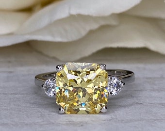 Radiant Cut Canary Yellow Three Stone Engagement Ring, 14k White Gold Yellow Radiant Cut And Round Wedding Ring, Ladies 3 Stone Ring   #5916