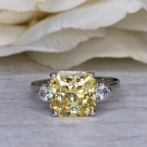 Radiant Cut Canary Yellow Three Stone Engagement Ring, 14k White Gold Yellow Radiant Cut And Round Wedding Ring, Ladies 3 Stone Ring   #5916