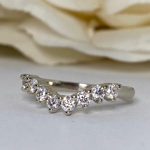 Curved Diamond Wedding Band, Universal Matching Moissanite Band For Ladies, Ladies 14k White Gold Delicate Diamond Curved Wedding Ring #6487