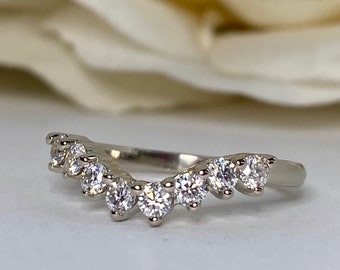 Curved Diamond Wedding Band, Universal Matching Moissanite Band For Ladies, Ladies 14k White Gold Delicate Diamond Curved Wedding Ring #6487