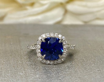 Cushion Cut Blue Sapphire Engagement Ring, Halo Sapphire Ring With Round Diamond Accents, Moissanite Ring, 14K White Gold # 5891 #6799