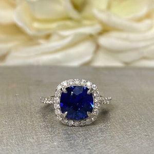 Cushion Cut Blue Sapphire Engagement Ring, Halo Sapphire Ring With Round Diamond Accents, Moissanite Ring, 14K White Gold # 5891 #6799