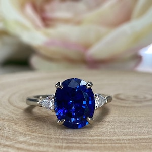 Oval Blue Sapphire Engagement Ring,  Blue Sapphire And Moissanite Wedding Ring, 14k Gold Three Stone Sapphire And Moissanite Ring     #6515