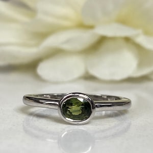 Oval Green Sapphire Ring For Women 14k Solid White Gold, Bezel Set Sapphire Minimalist Ring, Thin Unique Green Sapphire Stacking Ring, #5842