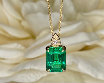 Solitaire Emerald Pendant Necklace, Ladies Emerald Cut Emerald And Diamond Pendant Necklace, 14k Yellow May Birthstone Necklace For Her 6648