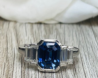 Emerald Cut Blue Sapphire And Moissanite Engagement Ring, 14k White Gold Five Stone Bezel Set Sapphire And Moissanite Wedding Ring     #7106