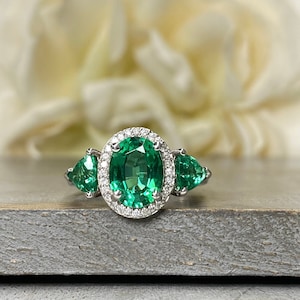 Oval Emerald and Diamond Halo Engagement Ring 14K White Gold, Emerald ...