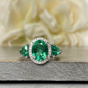 Oval Emerald and Diamond Halo Engagement Ring 14K White Gold, Emerald Cocktail Ring with Diamonds, Three Stone Emerald Ring for Women  #5432