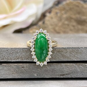 Oval Jade And Moissanite Halo Engagement Ring Gold Jade Ring Burmese Jade Cocktail Ring Green Jade Ladies Ring Custom Wedding Ring Jade 7325